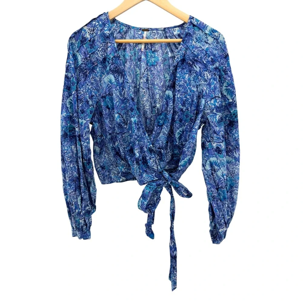Free People Ruffle Cotton Wrap Top M Blue Floral Paisley Balloon Sleeve Festival